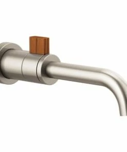 Cheap ⌛ Brizo Litze® Single Handle Wall Mount Bathroom Sink Faucet in Luxe Nickel with Teak Wood ✨